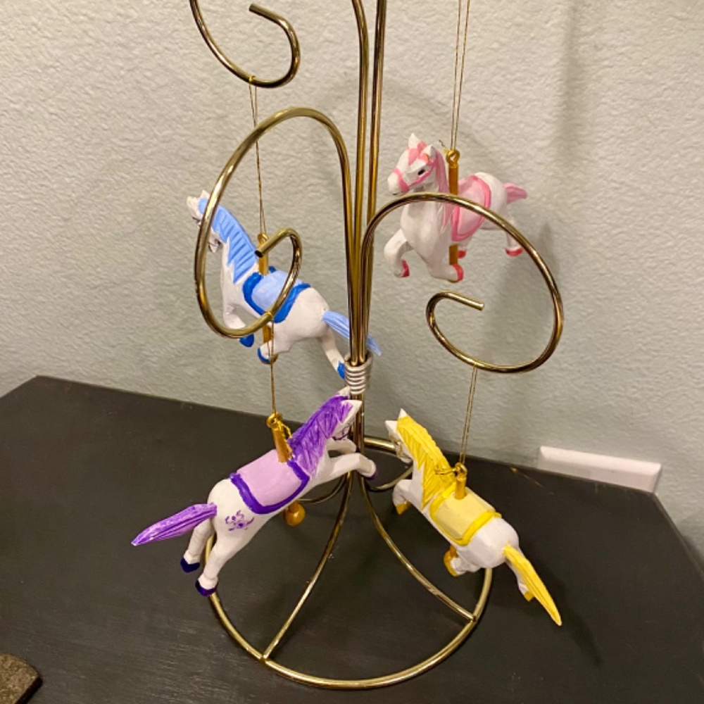 4 Carousel Horse Ornaments, Wood & Hand Painted, 13" Wire Stand, Nursery or Tree - Picture 15 of 16